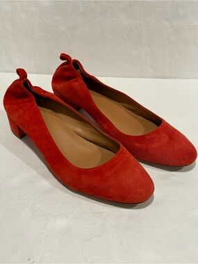 J. Crew Tomato Red ANYA Suede Leather Block Heel Pumps Sz 9 Preppy Parisian